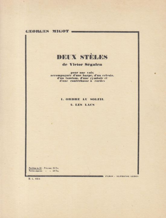 Deux Steles de Victor Segalen - Study Score