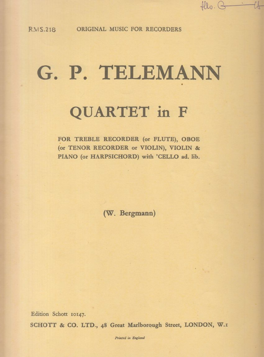 Quartet in F for Treble Recorder (or Flute), Oboe (or Tenor Recorder or Violin), Violin & Piano (or Harpsichord) with Cello ad.lib. - Set of Parts