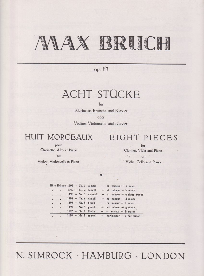 Eight Pieces for Clarinet, Viola (Violin, Cello) and Piano in D, Op.83 No.7 - Set of Parts